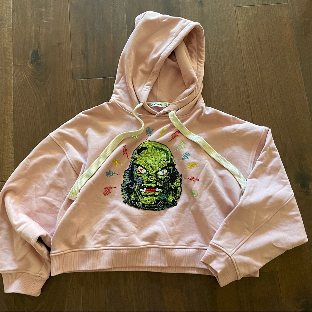 UOOYAA pink sweatshirt with sequence and rhinestone